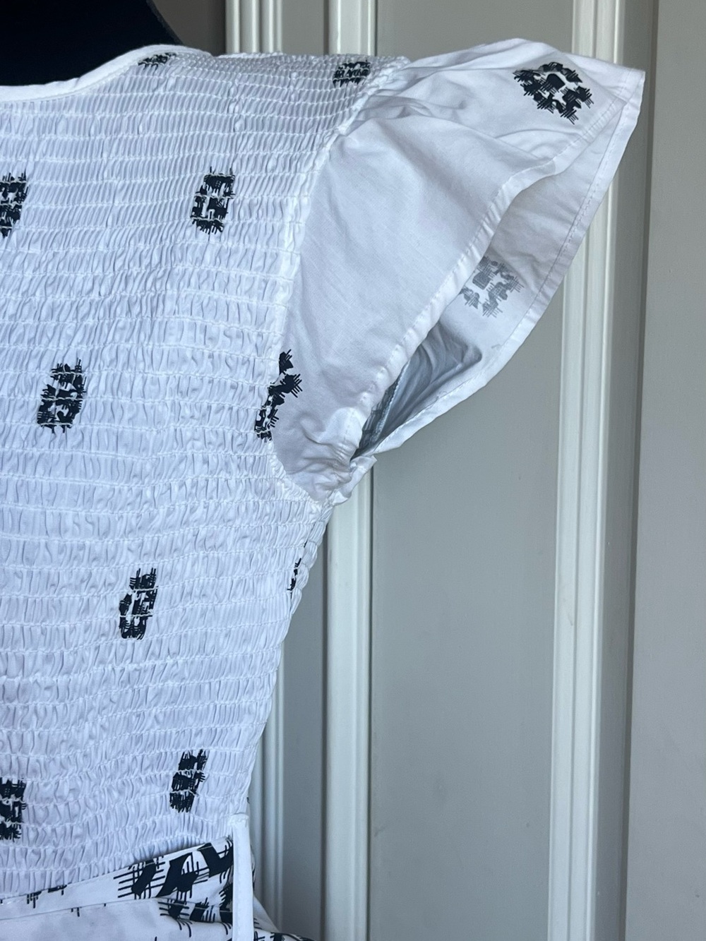 White Smocked Midi Dress with Black Embroidery and Tan Buckle Belt - Picture 3 of 6